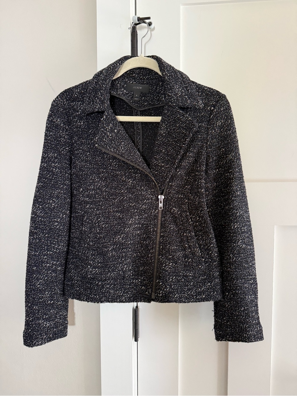 J Crew Boucle Moto Jacket Asymmetrical Zippers Wool Blend Black Size 6